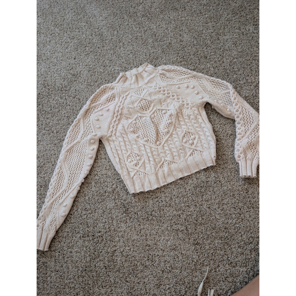 Free People Cream Cropped Heart Cable Knit Pom Pom Mock Neck Sweater Small